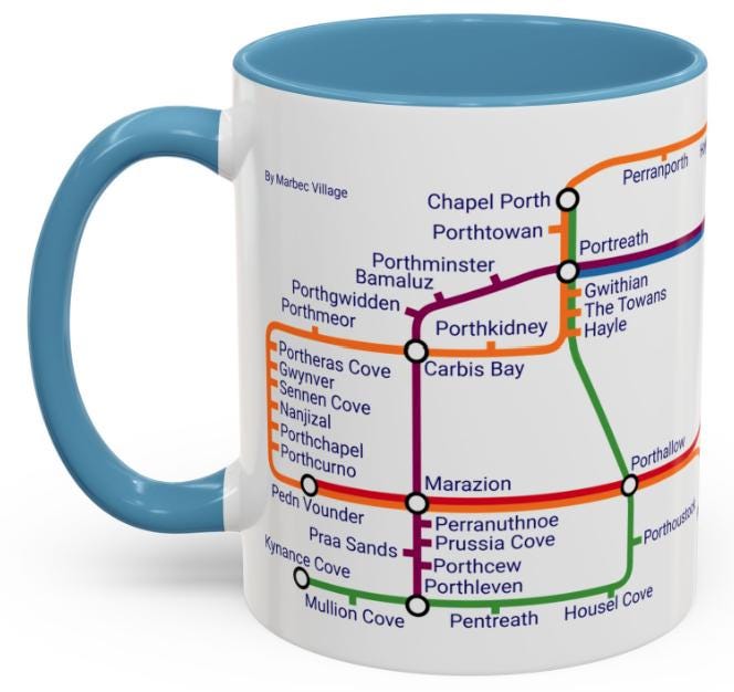 Cornwall Beach Metro Map Mug: Coastal Lover Gift