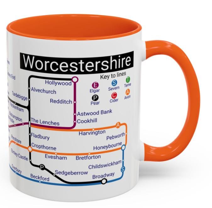 Worcestershire Metro Map Mug: Unique Towns & Villages Ceramic Mug