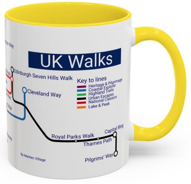 UK Walking Trails Map Mug: Hiker Gift, Metro-Style Design