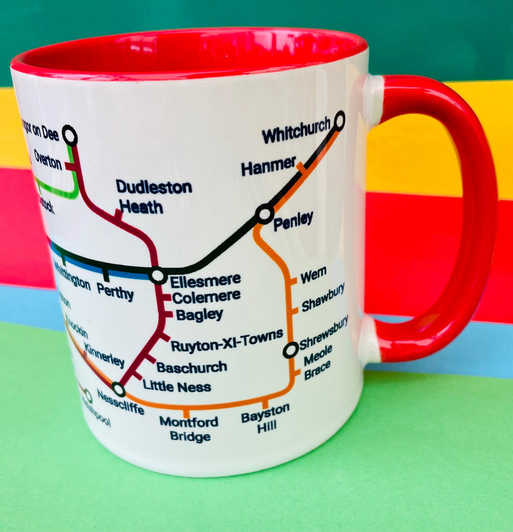 Oswestry-Shrewsbury-Shropshire Metro Mug - featuring a journey through the well known towns and villages.