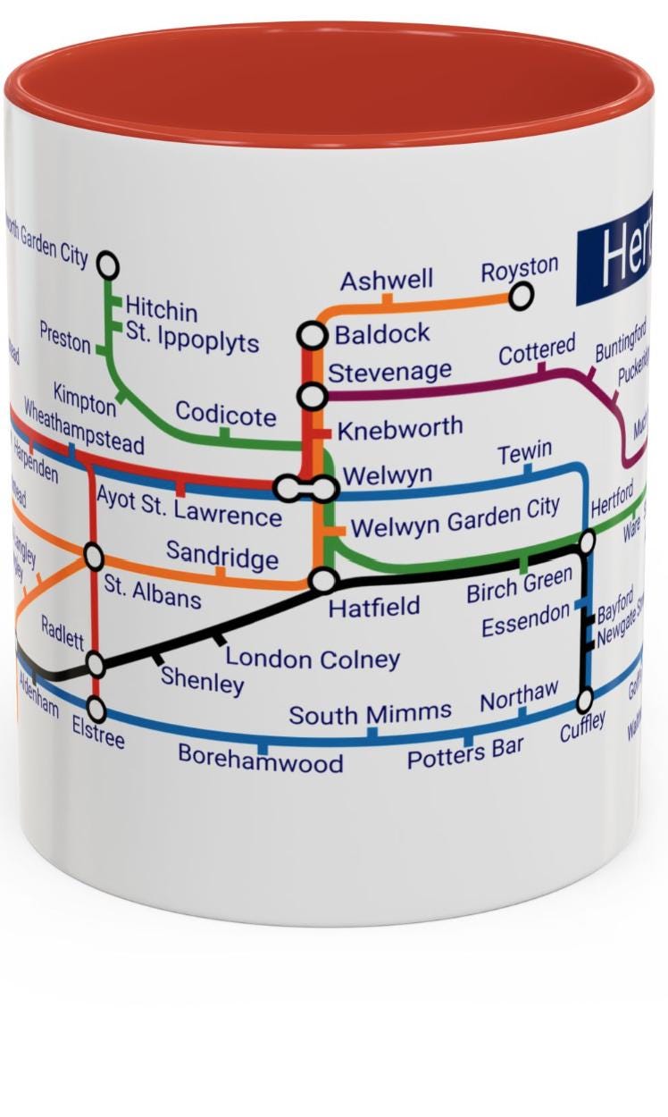 Hertfordshire Metro Map Mug: Unique Ceramic Coffee Mug