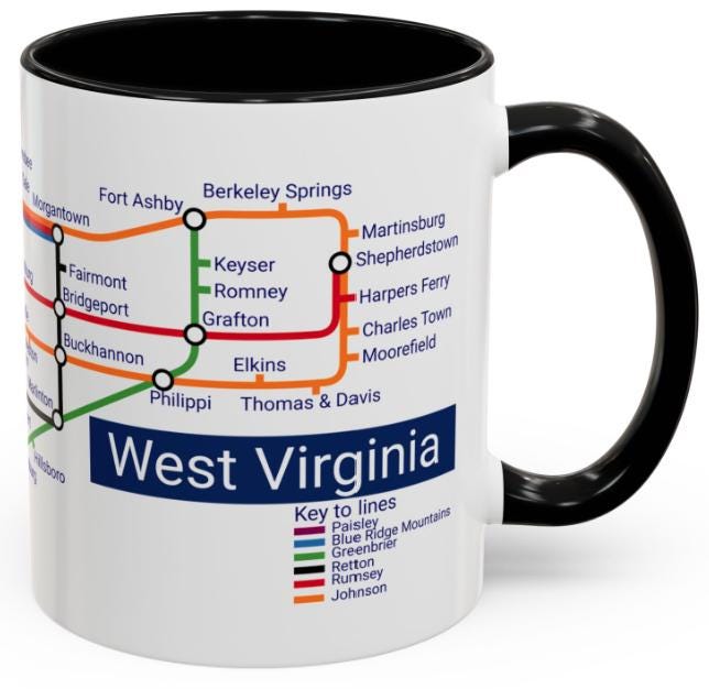 West Virginia Metro Mug: WV Transit Map Coffee Cup - Mountain State Gift
