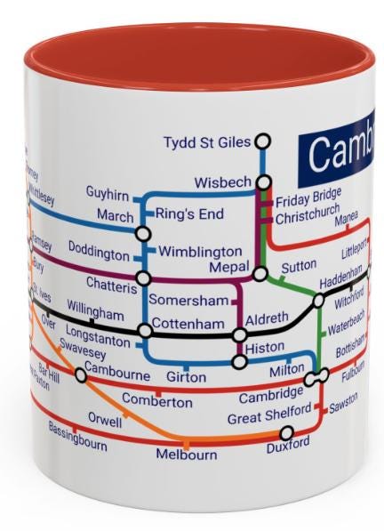 Cambridgeshire Metro Map Mug: Cambridge, Ely, St Neots