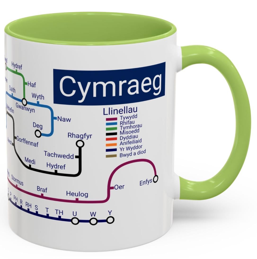 Welsh Language Learning Mug: Cymraeg Metro Design, Ceramic Coffee Cup