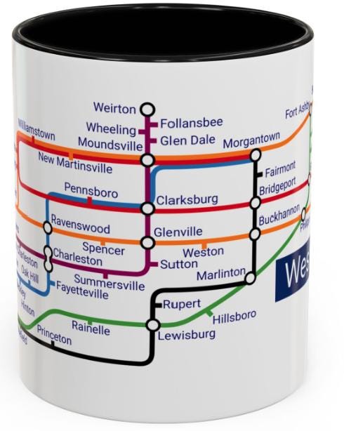 West Virginia Metro Mug: WV Transit Map Coffee Cup - Mountain State Gift