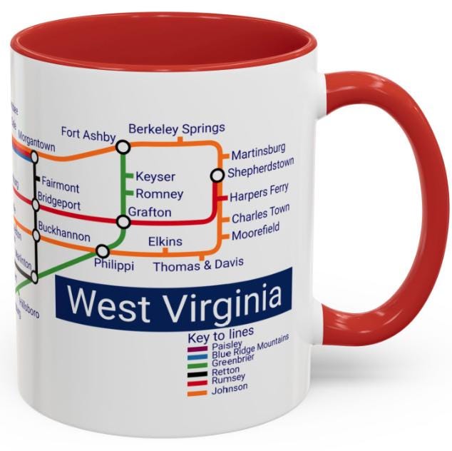 West Virginia Metro Mug: WV Transit Map Coffee Cup - Mountain State Gift