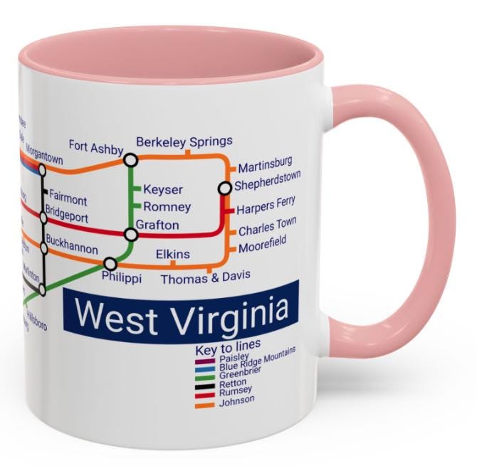West Virginia Metro Mug: WV Transit Map Coffee Cup - Mountain State Gift