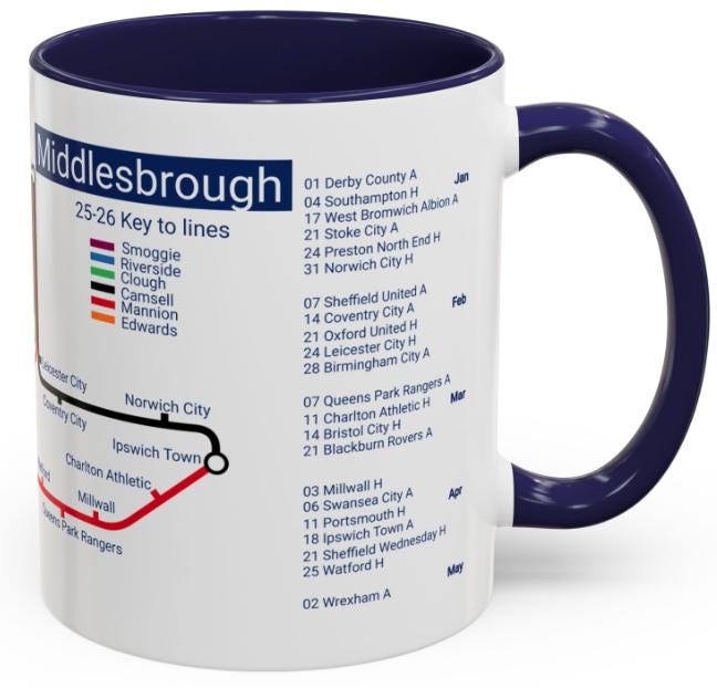 Middlesbrough Football Mug: 2025/26 Season Fixtures, Unique Fan Gift