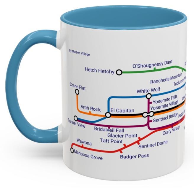 Yosemite Metro Map Mug: Valley Landmarks Ceramic Coffee Cup