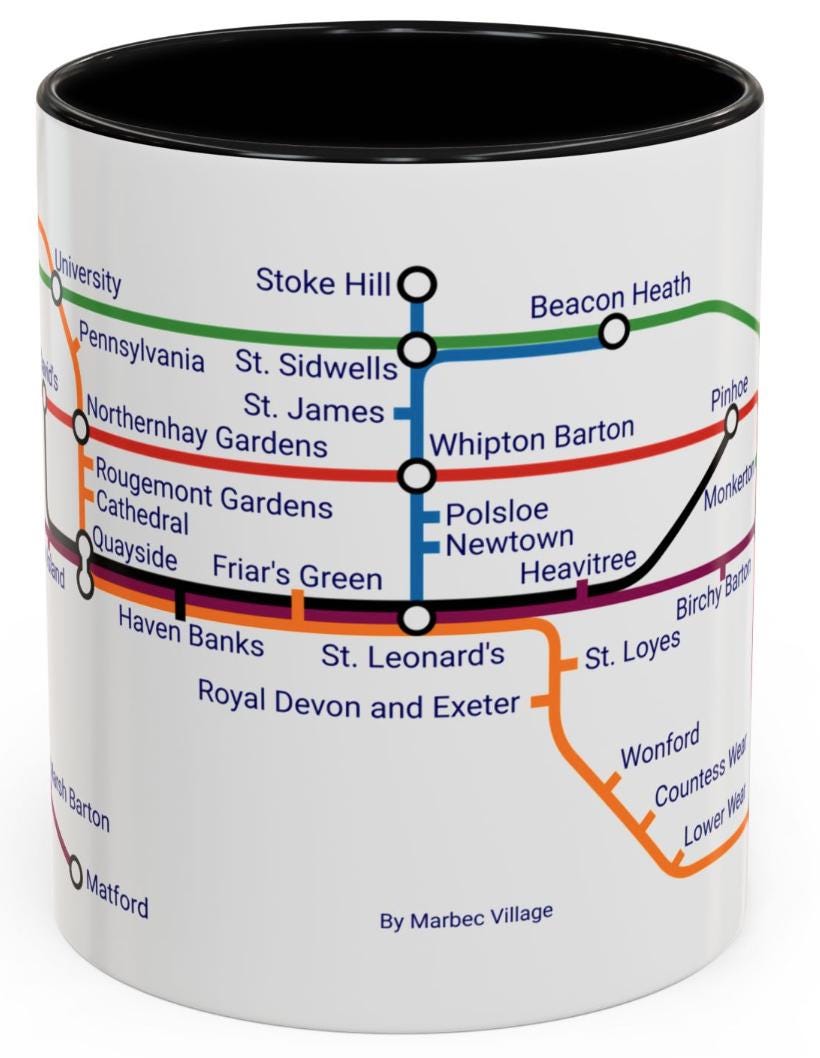 Exeter Metro Map Mug: St David's, Cathedral, Quayside