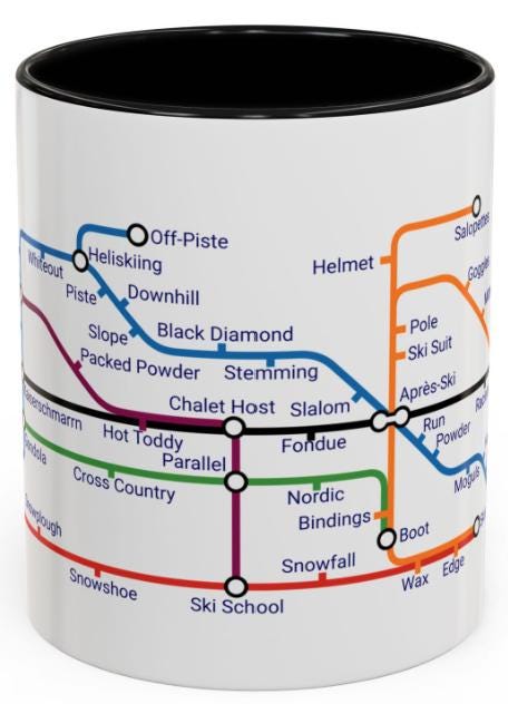 Skiing Metro Map Mug: Winter Sports Enthusiast Gift