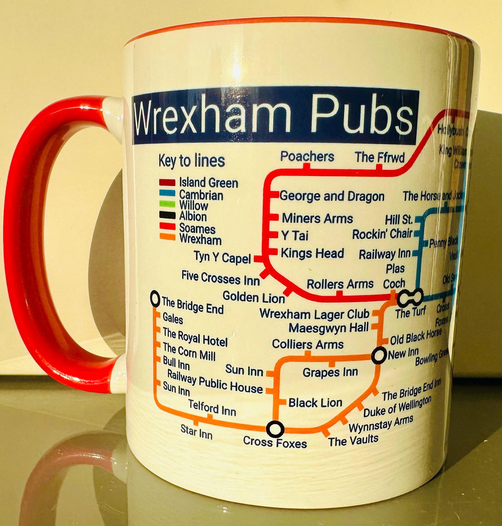 Wrexham Pubs Metro Mug - A fun Ceramic Coffee Mugfrom the Turf to the Pant-yr-Ochain