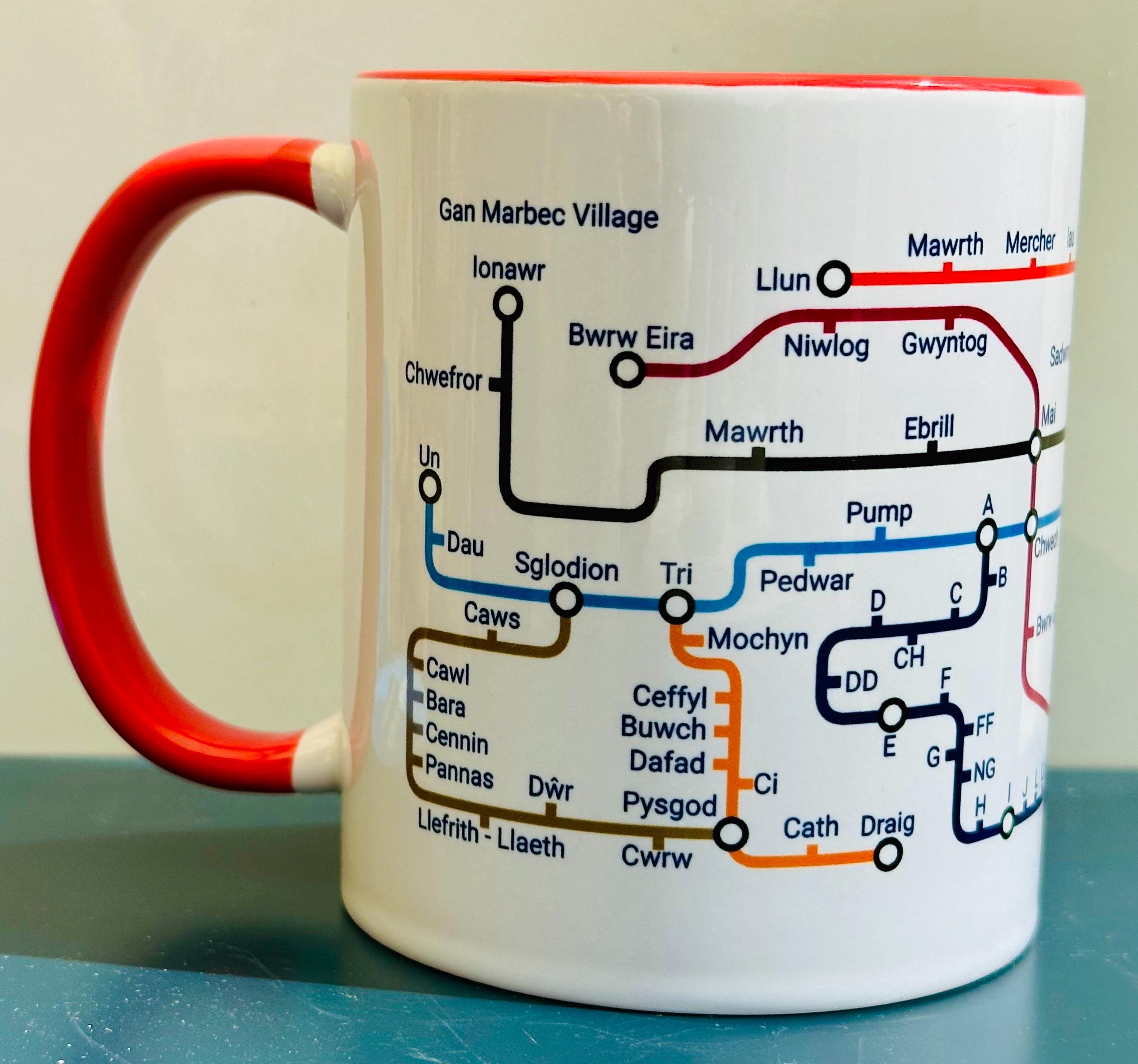 Welsh Language Learning Mug: Cymraeg Metro Design, Ceramic Coffee Cup