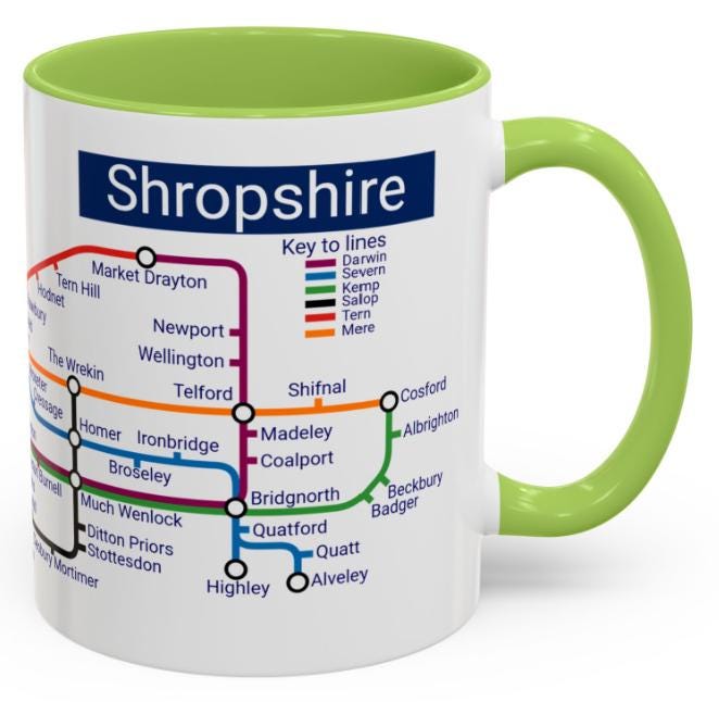 Shropshire Metro Mug - Explore Shropshire, featuring Shrewsbury, Telford, Ludlow, Oswestry, Bridgnorth, and Whitchurch