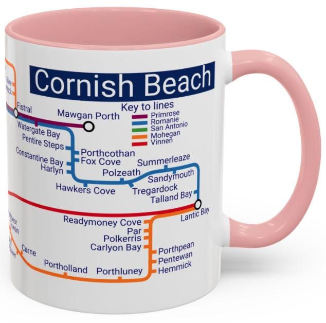 Cornwall Beach Metro Map Mug: Coastal Lover Gift