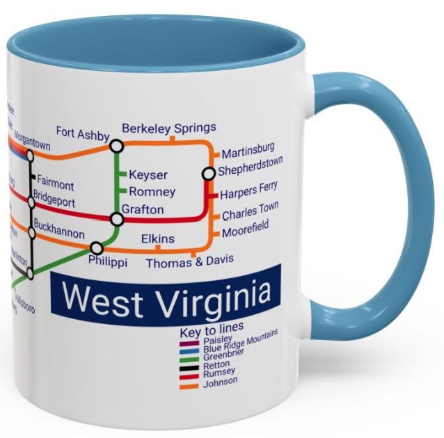 West Virginia Metro Mug: WV Transit Map Coffee Cup - Mountain State Gift