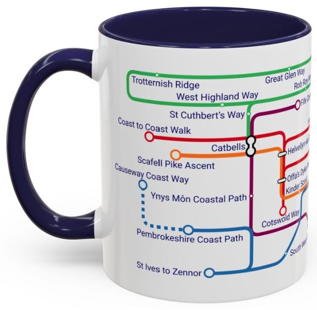 UK Walking Trails Map Mug: Hiker Gift, Metro-Style Design