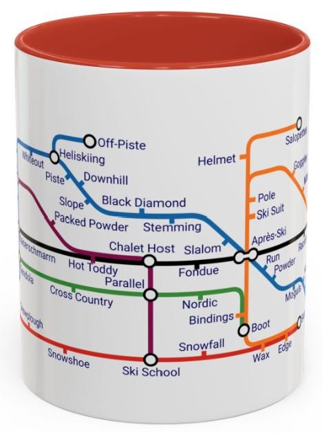 Skiing Metro Map Mug: Winter Sports Enthusiast Gift
