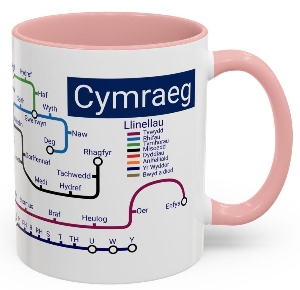 Welsh Language Learning Mug: Cymraeg Metro Design, Ceramic Coffee Cup