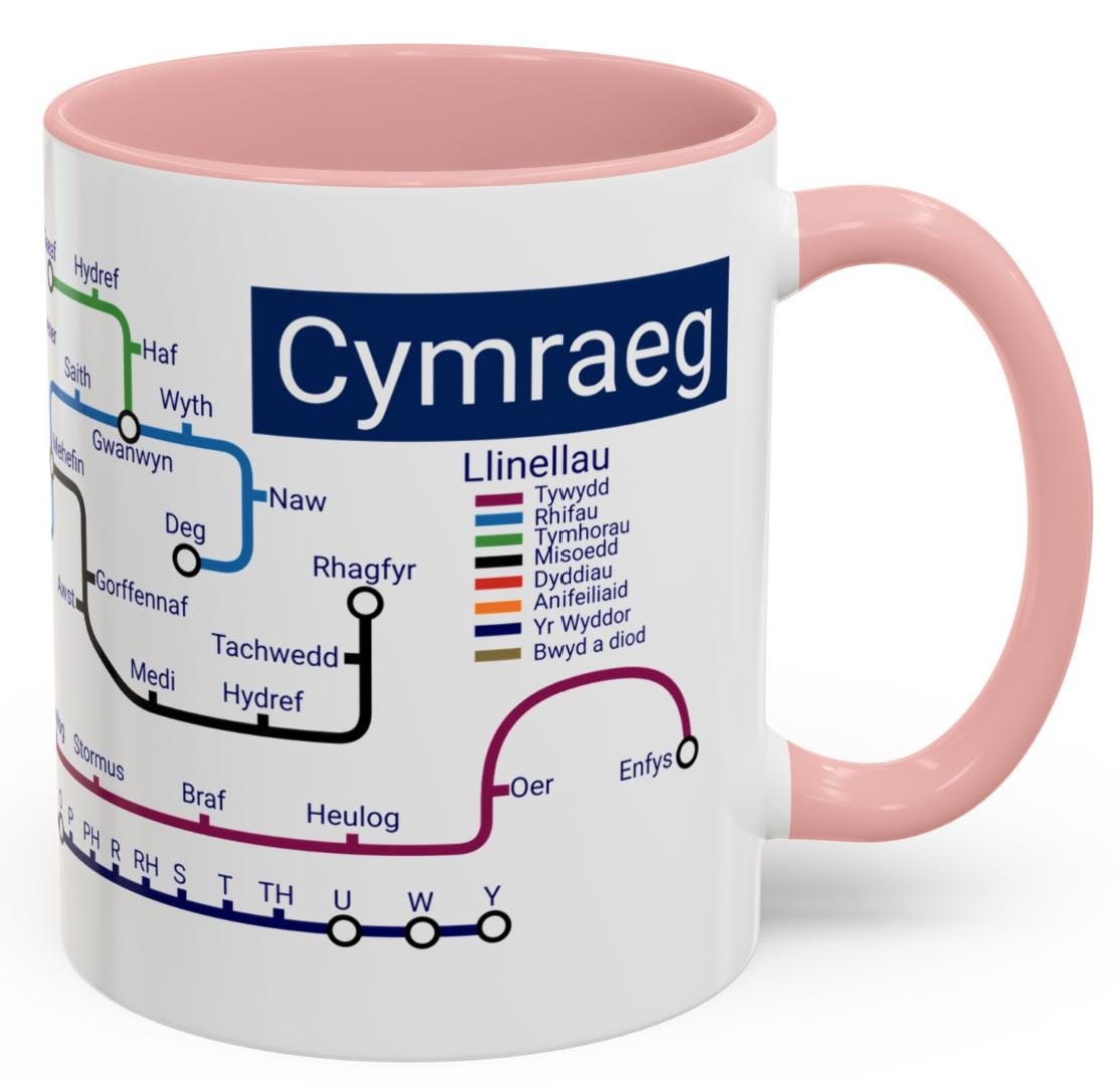 Welsh Language Learning Mug: Cymraeg Metro Design, Ceramic Coffee Cup