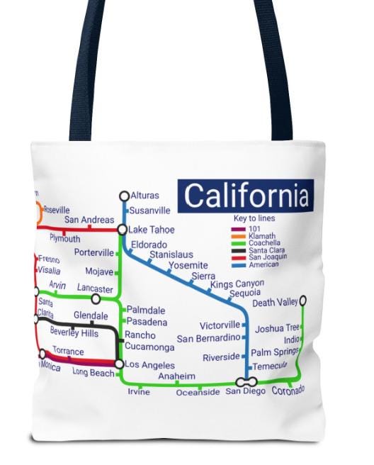 California Transit Map Tote Bag: SF, LA, San Diego - Eco-Friendly Canvas