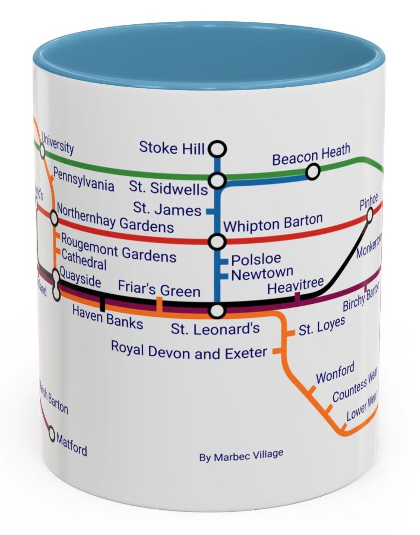 Exeter Metro Map Mug: St David's, Cathedral, Quayside
