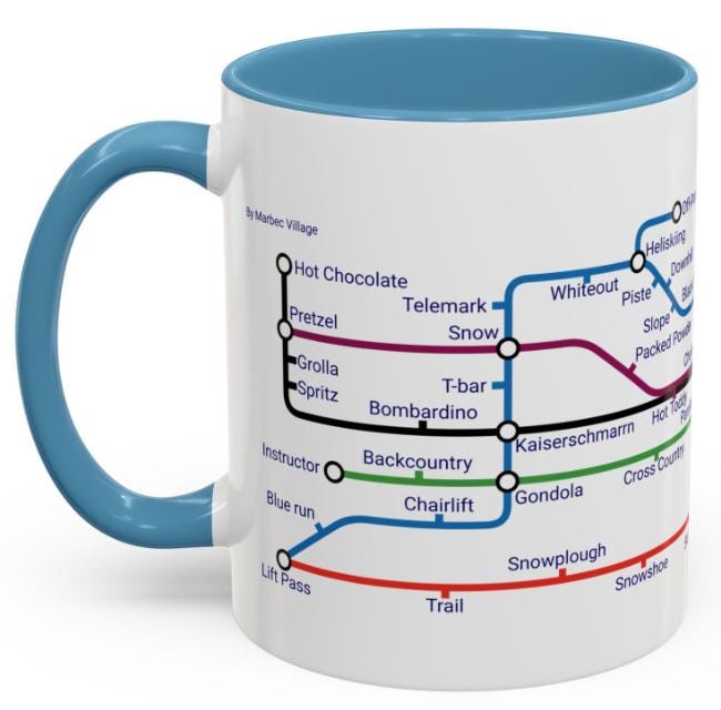 Skiing Metro Map Mug: Winter Sports Enthusiast Gift