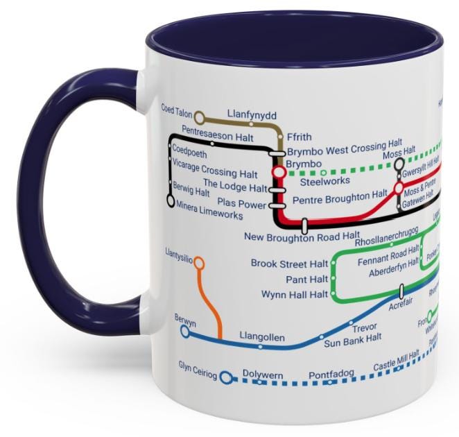 Old Wrexham Railways Metro Map Mug: Welsh Train and Railway Enthusiast Gift