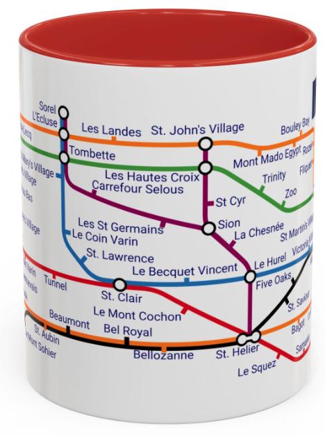 Jersey Metro Map Mug: Island Landmarks, Colorful Design