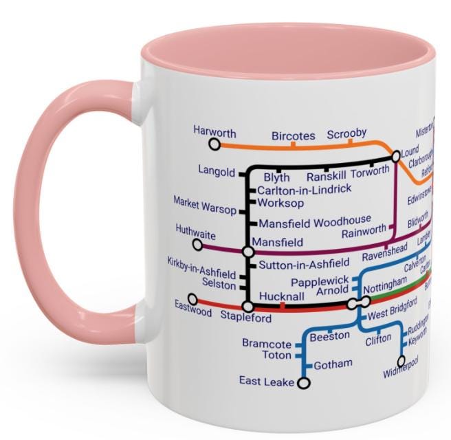 Nottinghamshire Metro Map Mug: Colorful Ceramic Coffee Cup