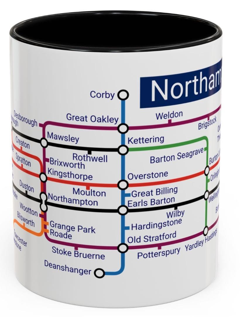 Northamptonshire Metro Map Mug: Ceramic Coffee Cup, Local Heritage Gift