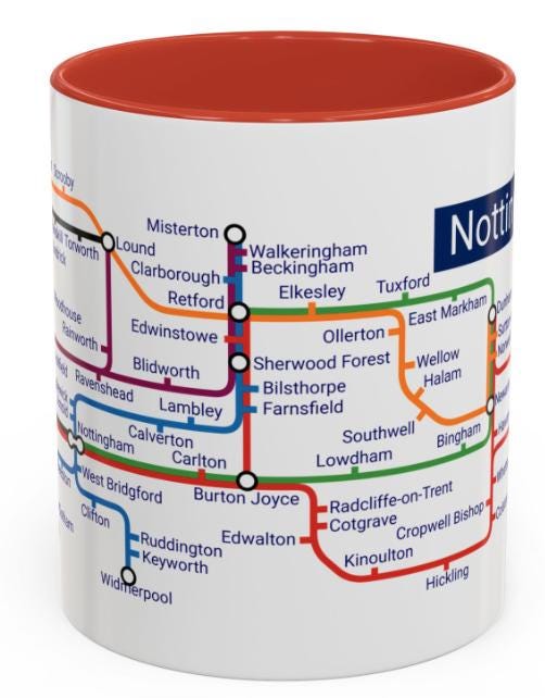 Nottinghamshire Metro Map Mug: Colorful Ceramic Coffee Cup