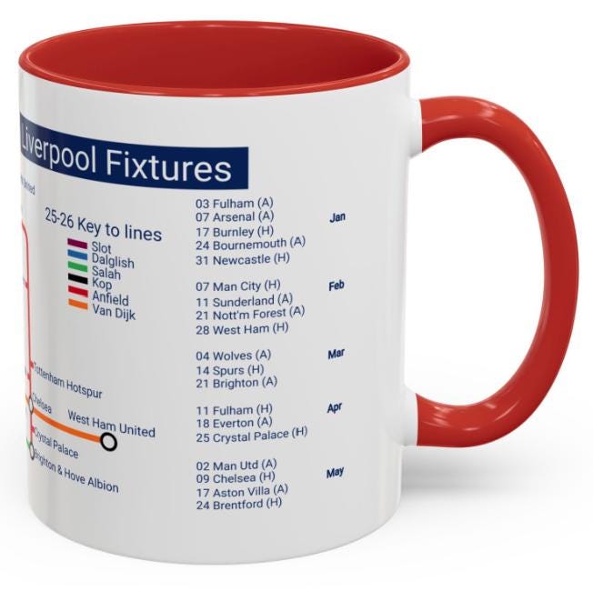 Liverpool 25/26 Season Fixtures Mug: Anfield Gift, Ceramic 11oz