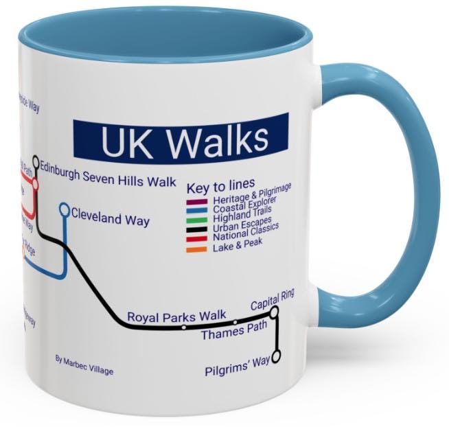 UK Walking Trails Map Mug: Hiker Gift, Metro-Style Design