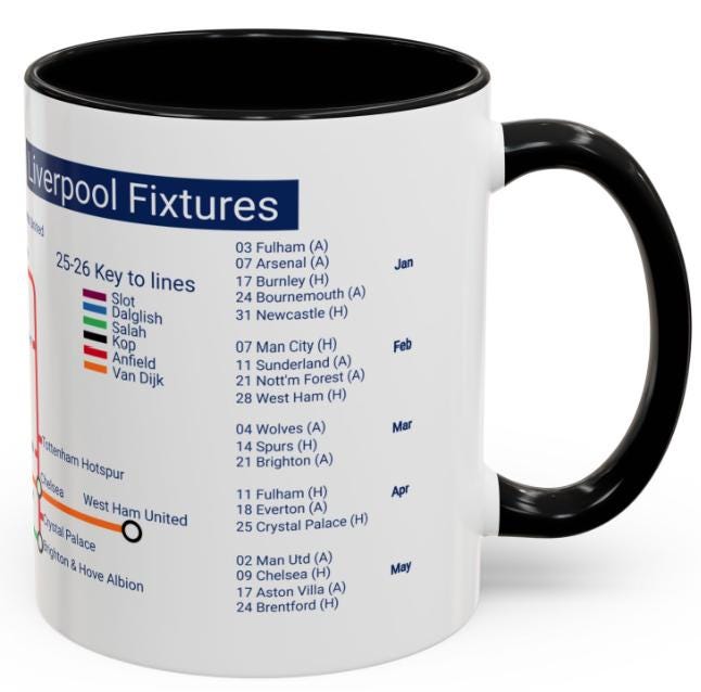 Liverpool 25/26 Season Fixtures Mug: Anfield Gift, Ceramic 11oz