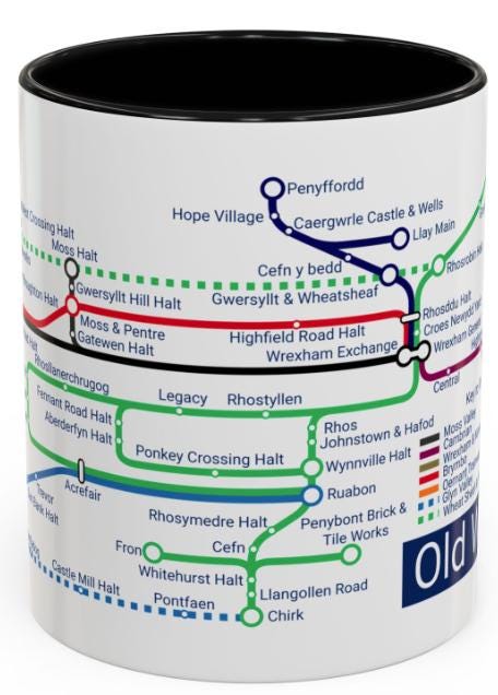 Old Wrexham Railways Metro Map Mug: Welsh Train and Railway Enthusiast Gift