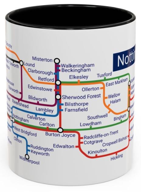 Nottinghamshire Metro Map Mug: Colorful Ceramic Coffee Cup