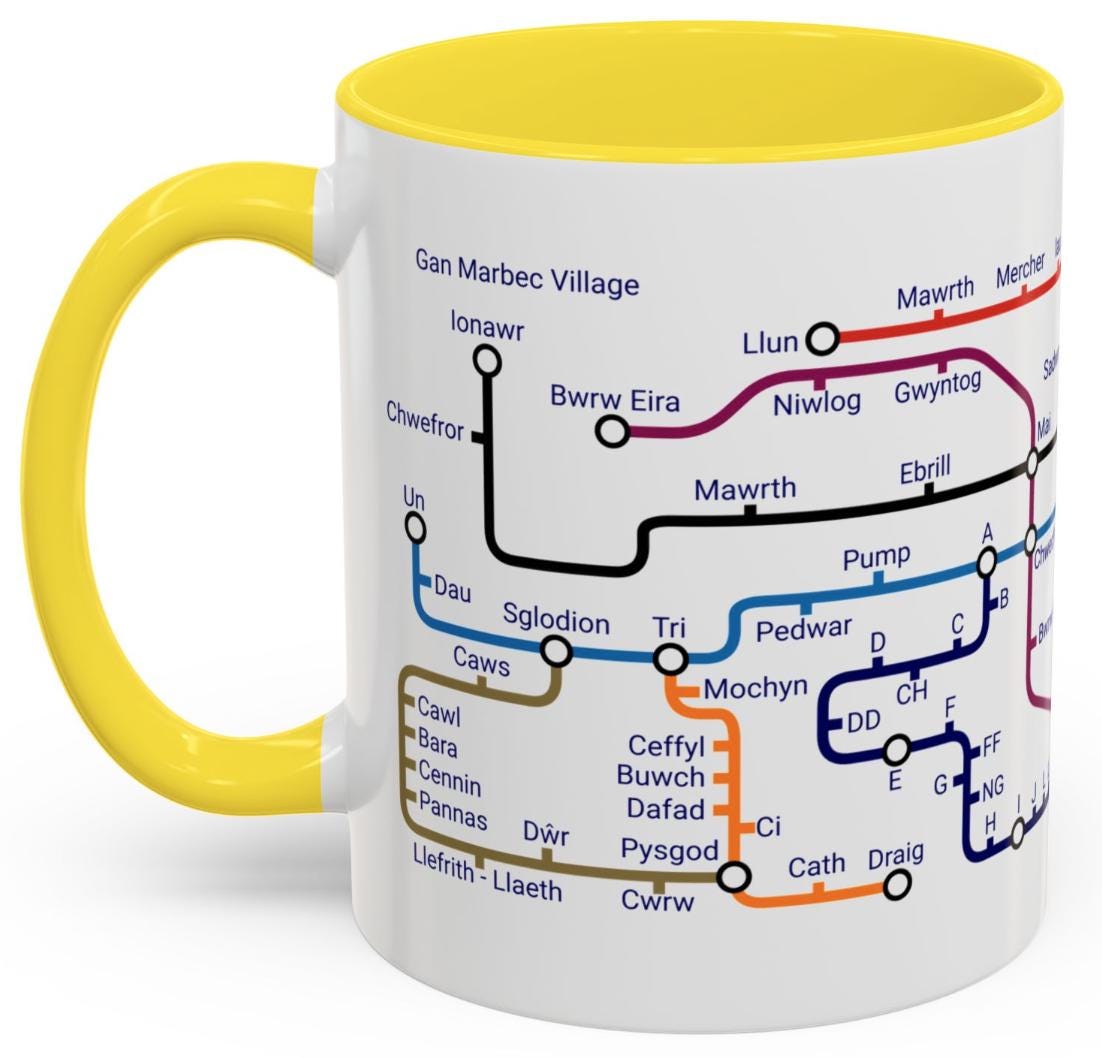 Welsh Language Learning Mug: Cymraeg Metro Design, Ceramic Coffee Cup
