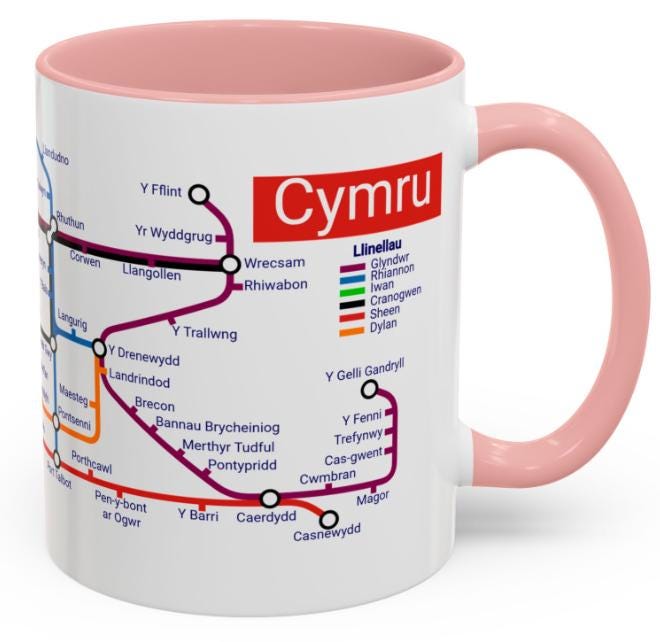 Cymru Wales Metro Mug: Welsh Language Map, 11oz Ceramic