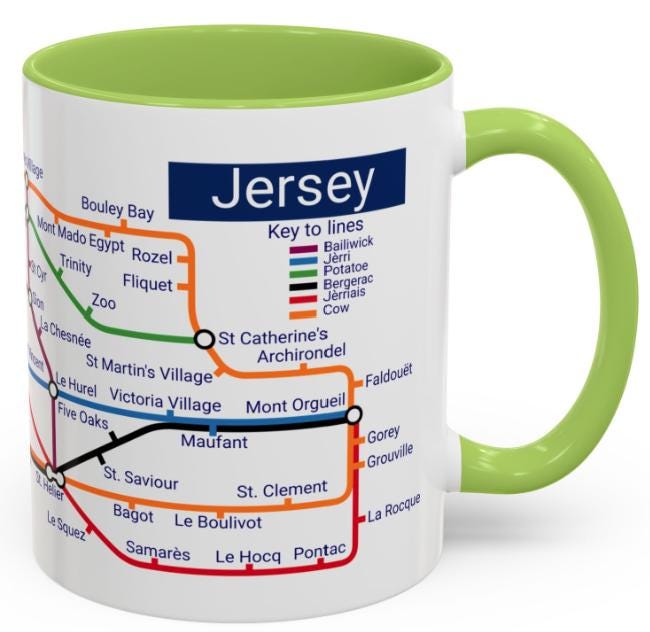 Jersey Metro Map Mug: Island Landmarks, Colorful Design