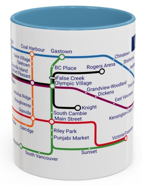 Vancouver City Map Mug: Metro Transit Design - Gastown & Stanley Park
