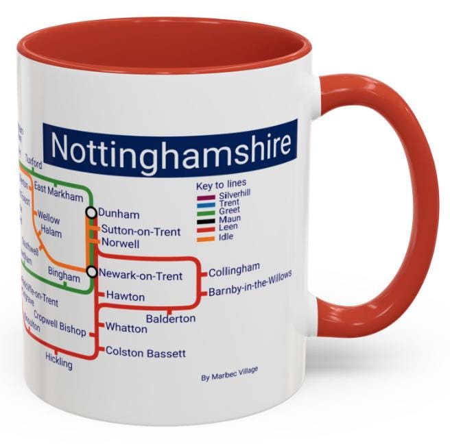 Nottinghamshire Metro Map Mug: Colorful Ceramic Coffee Cup