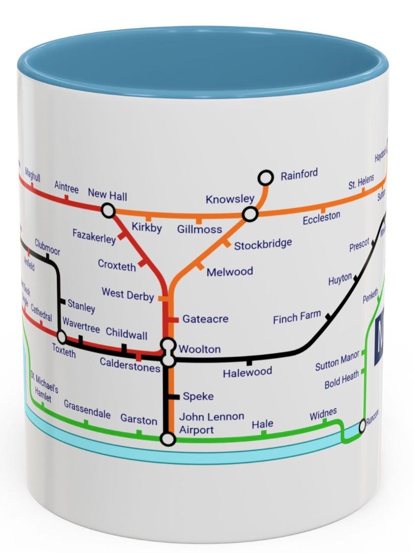 Merseyside Metro Mug - featuring a journey through the well known towns and villages of the area.