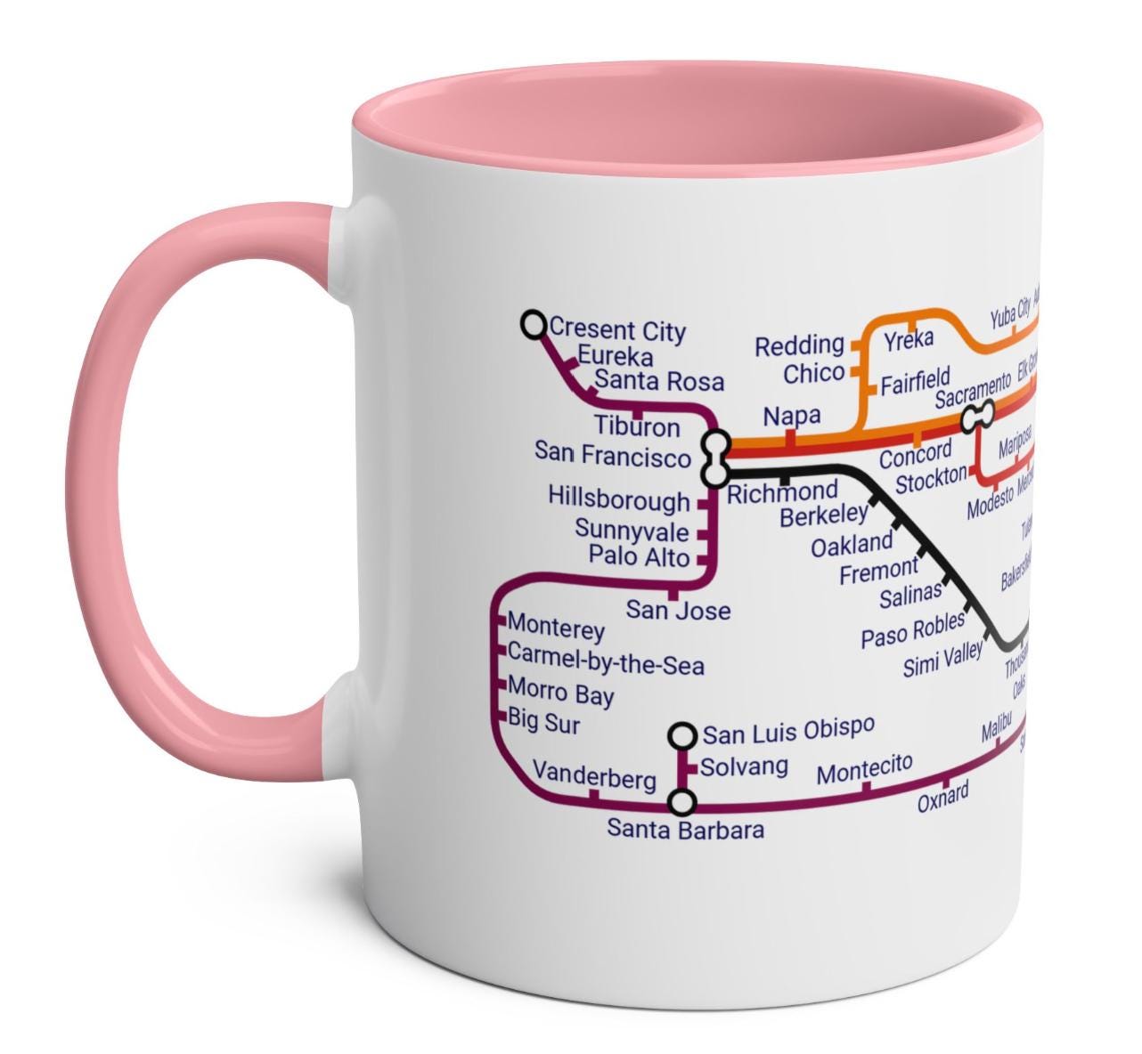 California Metro Mug: San Francisco to San Diego Map, Ceramic 11oz