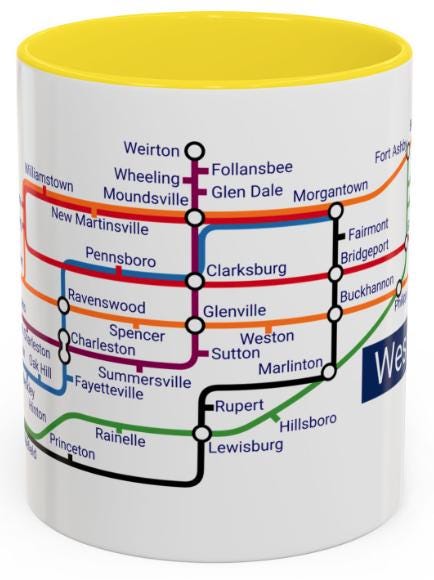 West Virginia Metro Mug: WV Transit Map Coffee Cup - Mountain State Gift