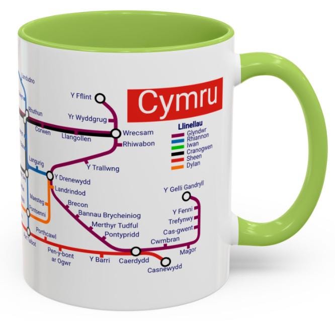 Cymru Wales Metro Mug: Welsh Language Map, 11oz Ceramic