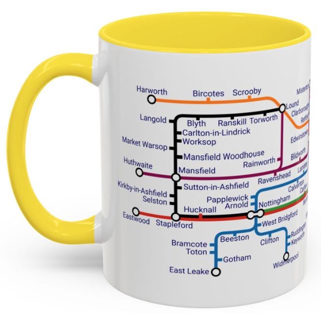 Nottinghamshire Metro Map Mug: Colorful Ceramic Coffee Cup