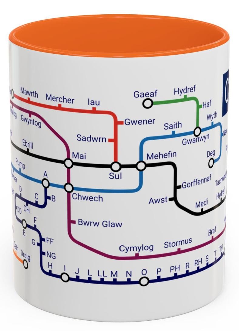 Welsh Language Learning Mug: Cymraeg Metro Design, Ceramic Coffee Cup