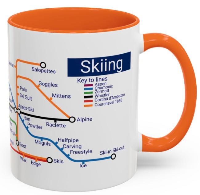 Skiing Metro Map Mug: Winter Sports Enthusiast Gift