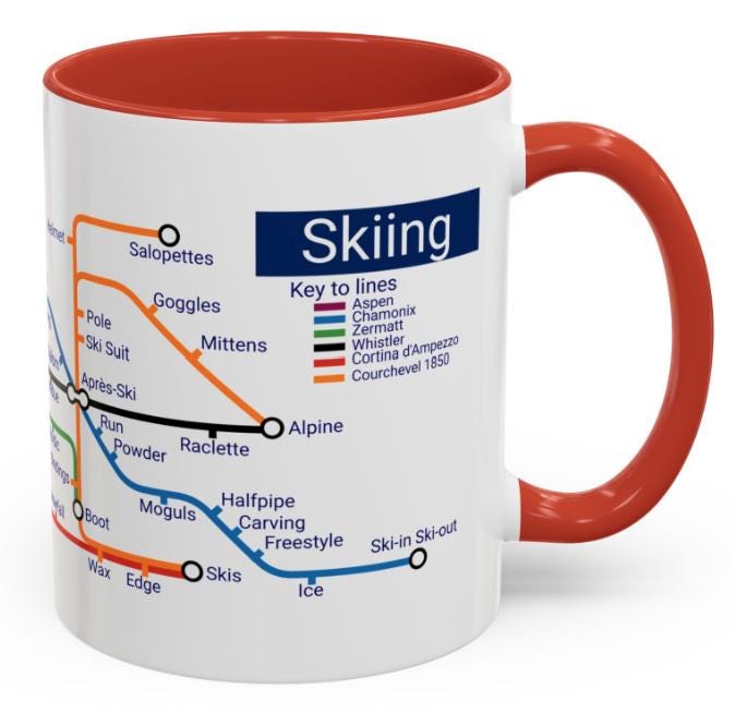 Skiing Metro Map Mug: Winter Sports Enthusiast Gift